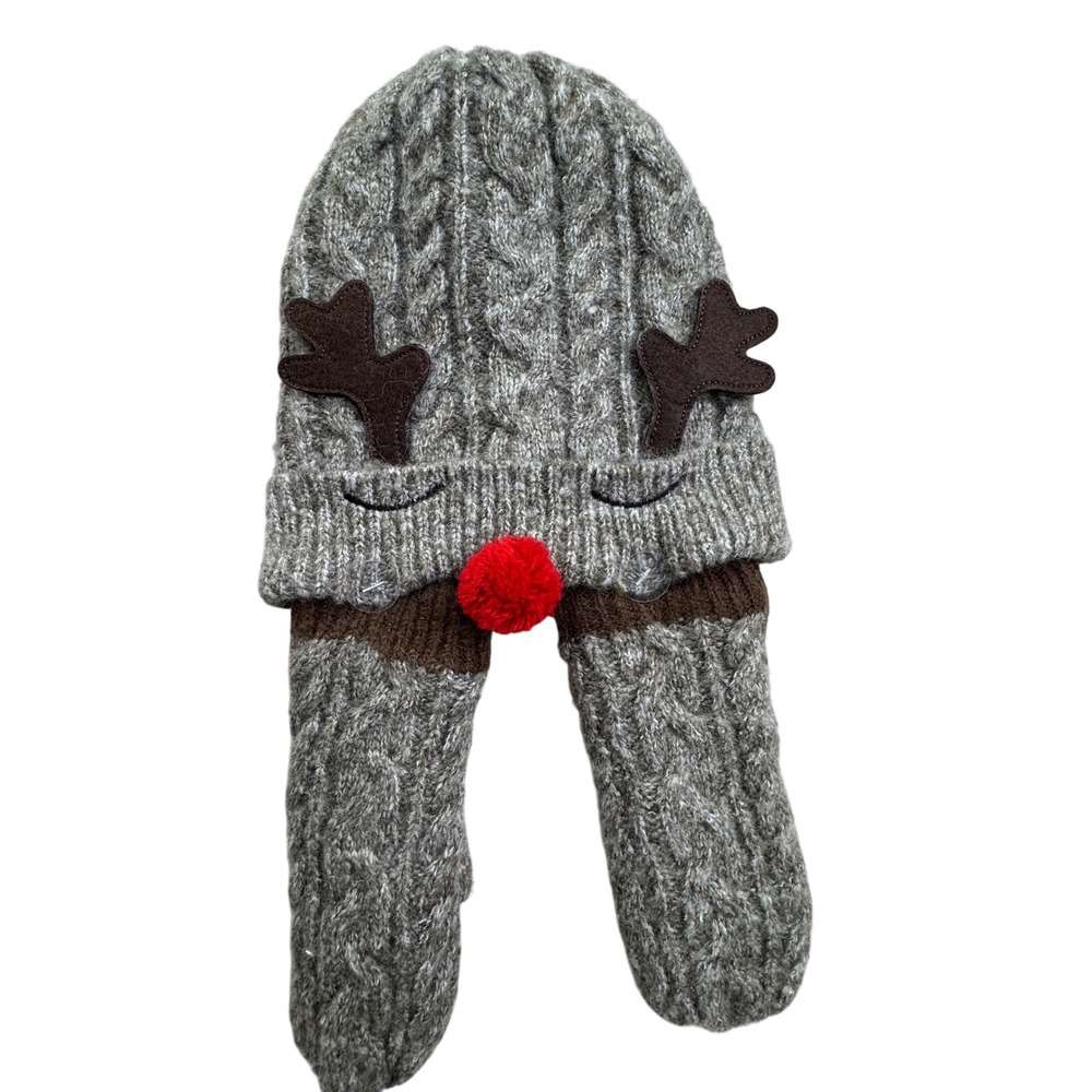 Barnes & Noble Kids Reindeer Beanie Mitten Set Brown Cable Knit Faux Fur Lined
